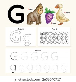 Alphabet tracing worksheet. A-Z writing pages. Letter G uppercase and lowercase tracing with cartoon Gorilla, Grape, Goose. Handwriting exercise for kids. Printable worksheet.