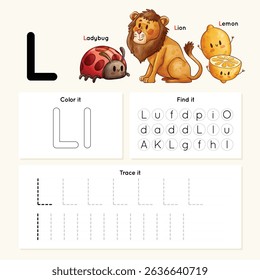 Alphabet tracing worksheet. A-Z writing pages. Letter L uppercase and lowercase tracing with cartoon lion, lemon, ladybug. Handwriting exercise for kids. Printable worksheet.