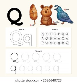 Alphabet tracing worksheet. A-Z writing pages. Letter Q uppercase and lowercase tracing with cartoon Quail, Quokka, Quill. Handwriting exercise for kids. Printable worksheet.
