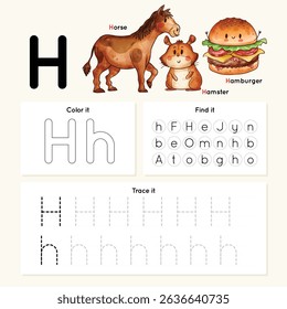 Alphabet tracing worksheet. A-Z writing pages. Letter H uppercase and lowercase tracing with cartoon House, Hamster, Humburger. Handwriting exercise for kids. Printable worksheet.