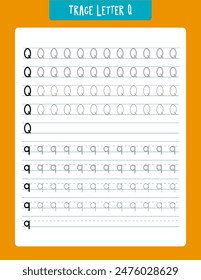 Alphabet tracing worksheet designed to help children practice writing the uppercase and lowercase letter "q." suitable for preschool and kindergarten kids, this educational printout enhances handwriti