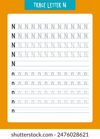 Alphabet tracing worksheet designed for preschool and kindergarten students to practice writing the letter n. includes multiple lines of uppercase and lowercase letters with varying levels of tracing 