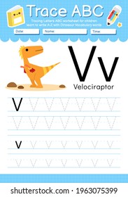 Alphabet tracing worksheet with Dinosaur vocabulary letter V