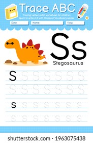 Alphabet tracing worksheet with Dinosaur vocabulary letter S