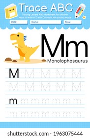 Alphabet tracing worksheet with Dinosaur vocabulary letter M