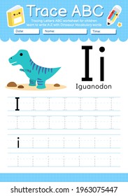 Alphabet tracing worksheet with Dinosaur vocabulary letter I