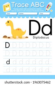 Alphabet tracing worksheet with Dinosaur vocabulary letter D