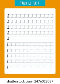 Alphabet tracing worksheet featuring the letter j. ideal for early education to help children practice letter formation, fine motor skills, and handwriting. perfect for preschool and kindergarten lear