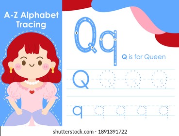Alphabet tracing worksheet with job occupation illustration - Queen