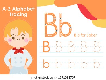 Alphabet tracing worksheet with job occupation illustration - Baker