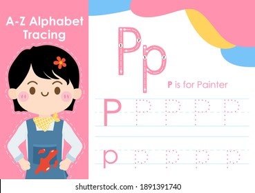 Alphabet tracing worksheet with job occupation illustration - Painter