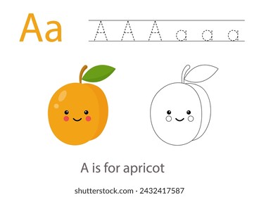 Alphabet tracing worksheet with letter A. Coloring page with cute cartoon apricot. Handwriting practice for kids.
