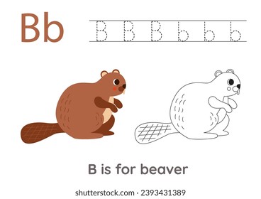 Alphabet tracing worksheet with letter B. Coloring page with cute cartoon beaver.  Handwriting practice for kids.