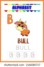 Alphabet tracing worksheet with letter, cute bull