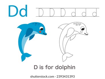Alphabet tracing worksheet with letter D. Coloring page with cute cartoon blue dolphin.  Handwriting practice for kids.
