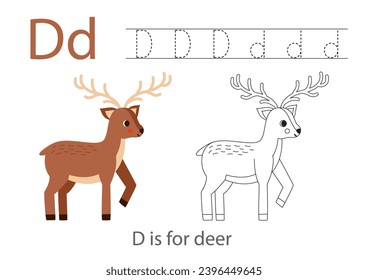 Alphabet tracing worksheet with letter D. Coloring page with cute cartoon deer.  Handwriting practice for kids.