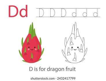 Alphabet tracing worksheet with letter D. Coloring page with cute cartoon dragon fruit. Handwriting practice for kids.