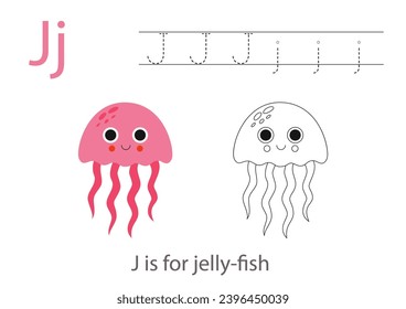 Alphabet tracing worksheet with letter J. Coloring page with cute cartoon jelly fish.  Handwriting practice for kids.