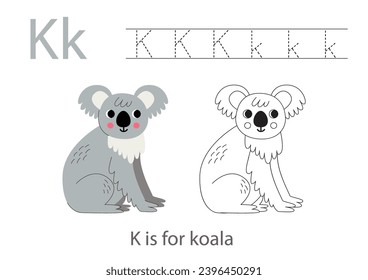 Alphabet tracing worksheet with letter K. Coloring page with cute cartoon koala.  Handwriting practice for kids.