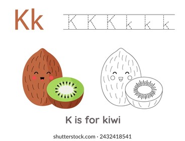 Alphabet tracing worksheet with letter K. Coloring page with cute cartoon kiwi fruit. Handwriting practice for kids.