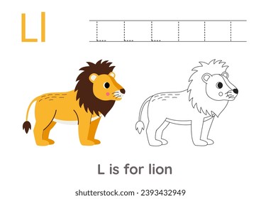 Alphabet tracing worksheet with letter L. Coloring page with cute cartoon lion.  Handwriting practice for kids.