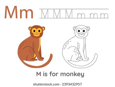 Alphabet tracing worksheet with letter M. Coloring page with cute cartoon monkey.  Handwriting practice for kids.