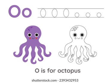 Alphabet tracing worksheet with letter O. Coloring page with cute cartoon octopus.  Handwriting practice for kids.