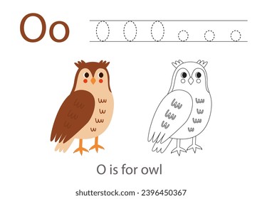 Hoja de cálculo de seguimiento de alfabetos con letra O. Página de color con un lindo búho de dibujos animados.  Práctica de escritura a mano para niños.