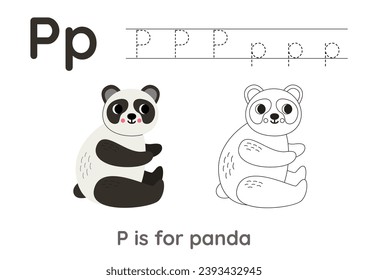 Alphabet tracing worksheet with letter P. Coloring page with cute cartoon panda.  Handwriting practice for kids.