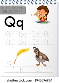 Alphabet tracing worksheet with letter Q and q illustration