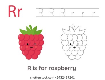 Alphabet tracing worksheet with letter R. Coloring page with cute raspberry. Handwriting practice for kids.