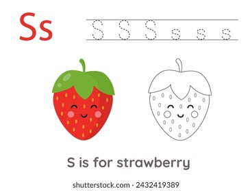 Alphabet tracing worksheet with letter S. Coloring page with cute strawberry. Handwriting practice for kids.