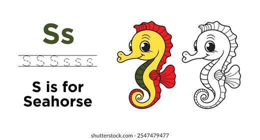 Alphabet tracing worksheet with letter S. Coloring page with cute cartoon seahorse. Handwriting practice for kids