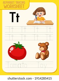 Alphabet tracing worksheet with letter T and t illustration