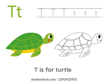 Alphabet tracing worksheet with letter T. Coloring page with cute cartoon turtle.  Handwriting practice for kids.