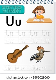 Alphabet tracing worksheet with letter U and u illustration