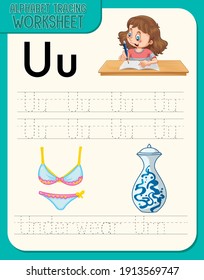Hoja de cálculo de seguimiento de alfabetos con letras U y u ilustraciones