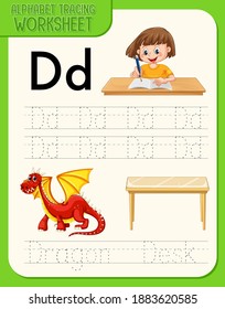 Alphabet tracing worksheet with letter and vocabulary illustration