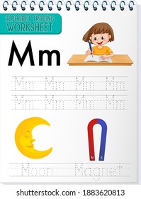 Alphabet tracing worksheet with letter and vocabulary illustration
