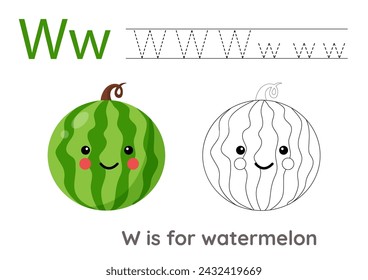 Alphabet tracing worksheet with letter W. Coloring page with cute watermelon. Handwriting practice for kids.