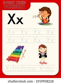 Alphabet tracing worksheet with letter X and x illustration