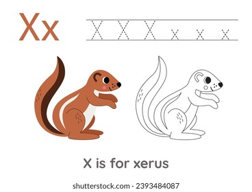 Alphabet tracing worksheet with letter X. Coloring page with cute cartoon xerus.  Handwriting practice for kids.
