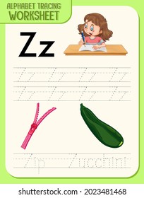 Alphabet tracing worksheet with letter Z and z illustration