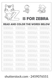 Alphabet tracing worksheet with letters and vocabulary for kids

