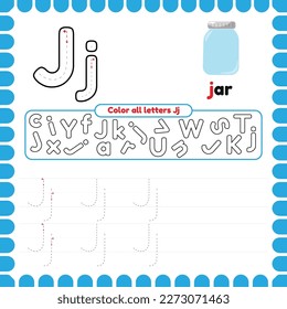 Alphabet Tracing Worksheet with letters. Writing practice letter J. Educational game for kids. Activities and Exercises for preschool and kindergarten. ABC printable pages. 
