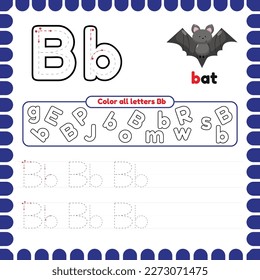 Alphabet Tracing Worksheet with letters. Writing practice letter B. Educational game for kids. Activities and Exercises for preschool and kindergarten. ABC printable pages. 