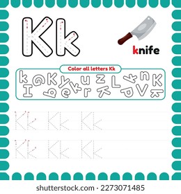 Alphabet Tracing Worksheet with letters. Writing practice letter K. Educational game for kids. Activities and Exercises for preschool and kindergarten. ABC printable pages. 