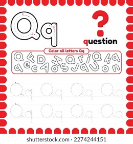 Alphabet Tracing Worksheet with letters. Writing practice letter Q. Educational game for kids. Activities and Exercises for preschool and kindergarten. ABC printable pages. 