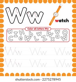 Alphabet Tracing Worksheet with letters. Writing practice letter W. Educational game for kids. Activities and Exercises for preschool and kindergarten. ABC printable pages.