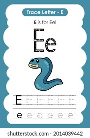 Alphabet tracing worksheet marine sealife with the letter E eel
